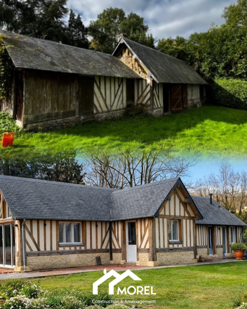 Longère normande en colombage Pays d'Auge façade sud toiture ardoise pommiers